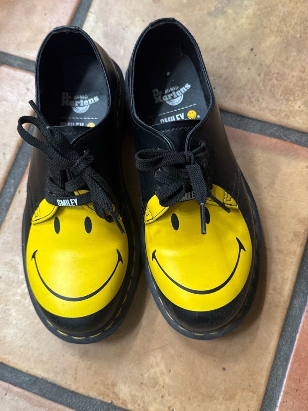 Dr. Martens Black Leather Oxfords with Yellow Smiley Toes